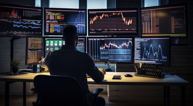 Stock And Forex Trader Concept. Man In Front Of Computer Multiple Screens. Business Process Automation Computer Monitor From Analytics Data Graph.