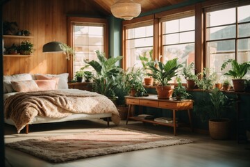 Modern cottage with a potted plant and bed by a window in a cozy bedroom, generative AI.