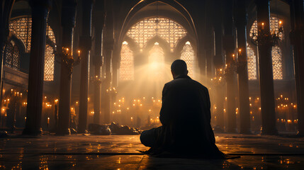 Silhouette of Muslim man praying - obrazy, fototapety, plakaty
