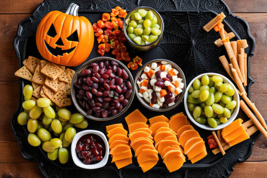Halloween Concept Charcuterie Board Background Display Assorted Tasty Foods And Cookies
