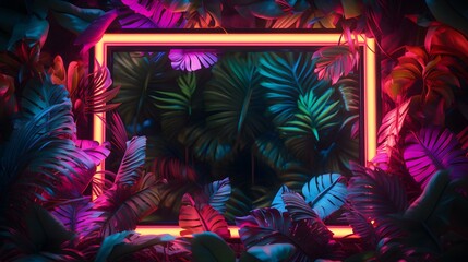 Fototapeta na wymiar Beige Neon Square surrounded by Tropical Leaves. Exotic Backdrop with Copy Space