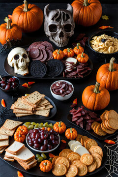 Halloween Concept Charcuterie Board Background Display Assorted Tasty Foods And Cookies