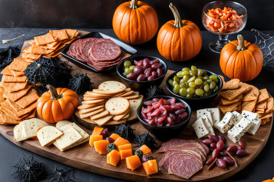 Halloween Concept Charcuterie Board Background Display Assorted Tasty Foods And Cookies