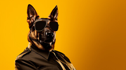 Obraz na płótnie Canvas Police dog wearing sunglasses on black background