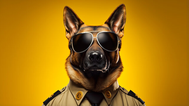 Police dog wearing sunglasses on black background