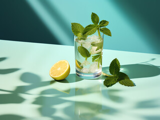 Cocktail with fresh lime and mint on light and shadow in bar - obrazy, fototapety, plakaty