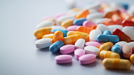 Multi-colored tablets of different shapes are scattered on a flat surface.