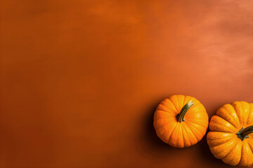 Orange pumpkins on a brown background. Simple flat lay with copy space. Generative AI.