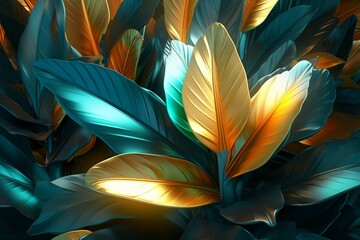 exotic tropical leaves in green yellow and orange