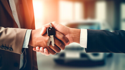 Fototapeta na wymiar businessman shaking hands with keys to customer in office, closeup of car key