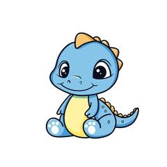 Little cute blue dinosaur sitting smiling cartoon isolated