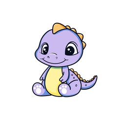 Cute little cartoon purple dinosaur with spikes sitting up and smiling