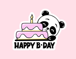Vector Panda Happy Birthday Cake. Cute Baby Animal Illustration. Kawaii Kids Print