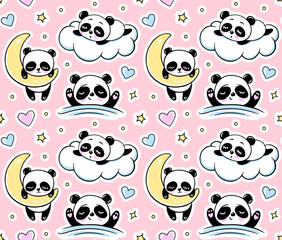 Sleeping Panda, Moon Clouds Stars Seamless Pattern on a Pink Background. Cute Vector Baby Print - 657790833