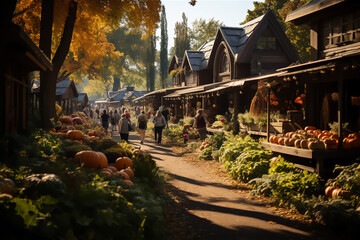 Autumn Farmer's Market. Bustling farmer's market with stalls full of pumpkins, apples, colorful leaves, and various autumn produce