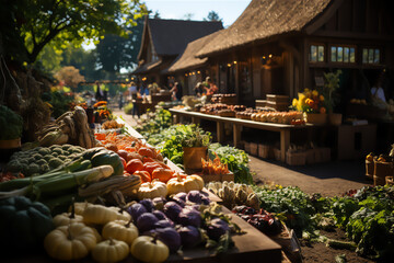 Autumn Farmer's Market. Bustling farmer's market with stalls full of pumpkins, apples, colorful leaves, and various autumn produce