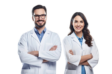 Happy Chemist Team: Standing with Crossed Arms. Isolated on Transparent Background. - obrazy, fototapety, plakaty
