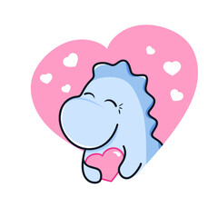 Blue cute dinosaur holding a heart, emoji isolated on a transparent white background