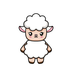 Small cute cartoon sheep with wool standing on two legs smiling isolated