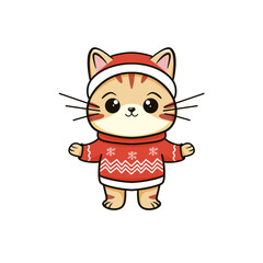 Cute little ginger kitten cat standing in a Christmas sweater and santa claus hat and smiling