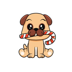 Cute little brown dog puppy sitting smiling and holding a sugar cane in his mouth, Christmas candy