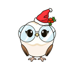 Cartoon cute ow standing with glasses, christmas hat
