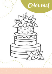 Coloring page for kids with yummy cake.
A printable worksheet, vector illustration.
