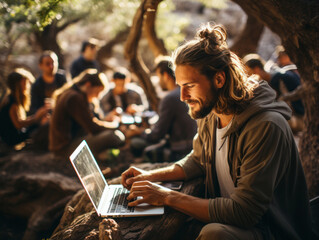 man using laptop on vacation