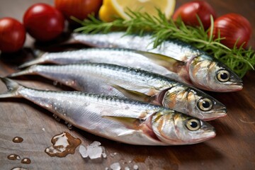 Sardines with lemon, salt and parsley close-up on a dark background. Sea fish.