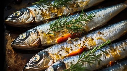 Sardines with lemon, salt and parsley close-up on a dark background. Sea fish.