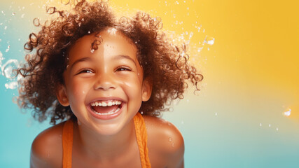 Smiling african girl wearing swimsuit playing water splash