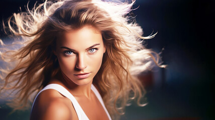 Serious woman with long flowing blonde hair