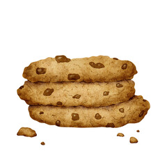 Chocolate chip cookies. Homemade biscuits. Bakery food concept. Watercolor illustration. Isolated. Bakery product. For design of labels and packaging, cards, logo for the bakehouse and bakeshop.