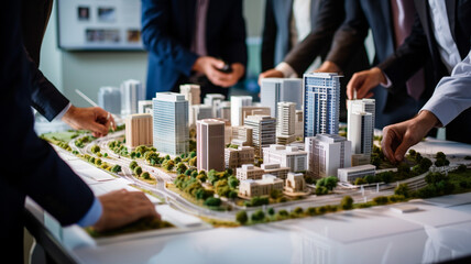 real estate agent discussing a project with model of new house.