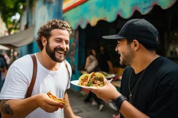 Fotobehang A chef gives a taco to a man at a street food market © pilipphoto