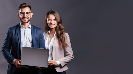 Two professionals are presenting using laptop computers
