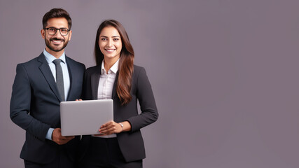 Two professionals are presenting using laptop computers