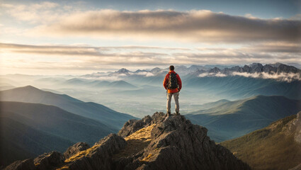 A man with backpack contemplates the horizon on top of a hill - Success sport and inspiration concept - obrazy, fototapety, plakaty