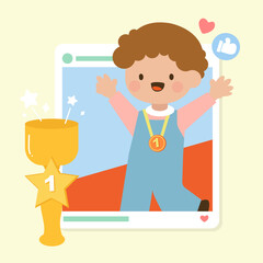 Happy cute little boy holding gold trophy cartoon vector