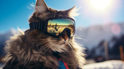 Cool maine coon in ski goggles in a ski resort, generative AI - obrazy, fototapety, plakaty