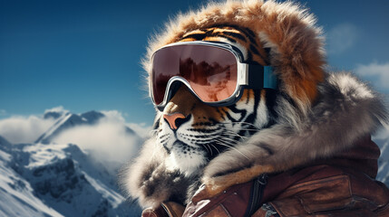 Cool tiger in ski goggles in a ski resort, generative AI