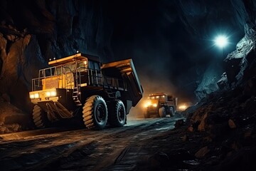 Large mining trucks work the night shift. Several huge quarry trucks carry the rock for beneficiation and processing. Several trucks drive through an underground mine tunnel.