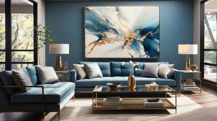Modern interior, living room with elements of a comfortable sofa, paintings on the wall and other elements of comfort.