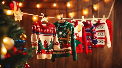 Flat lay of colorful National Ugly Christmas Sweater Day decorations  - obrazy, fototapety, plakaty
