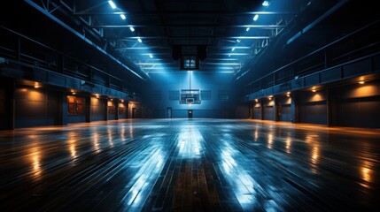 A large hall with a shiny floor, a basketball court. Semi-dark lighting. Nostalgic luxury: blue shimmer.
