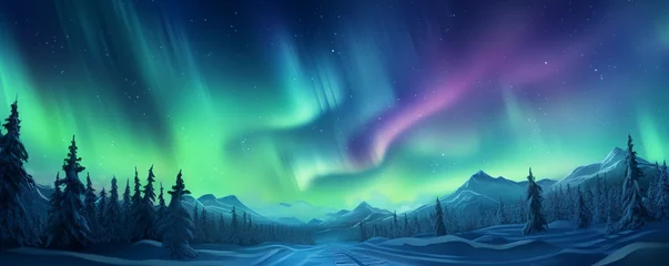 Fotobehang Northern lights banner. Aurora Borealis. Beautiful winter landscape with forest and mountains. © Alexandra Selina