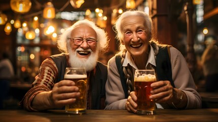 Senior couple toasting with beer glasses Immerse yourself in the lively festival atmosphere. Blurred details in the background. Generative Ai