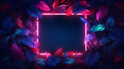 Pink Neon Square surrounded by Tropical Leaves. Exotic Backdrop with Copy Space