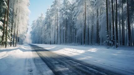 Scenic winter road through forest covered in snow after snowfall - obrazy, fototapety, plakaty