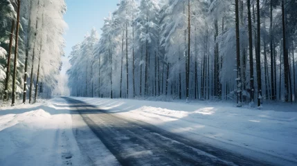 Fotobehang Scenic winter road through forest covered in snow after snowfall © brillianata